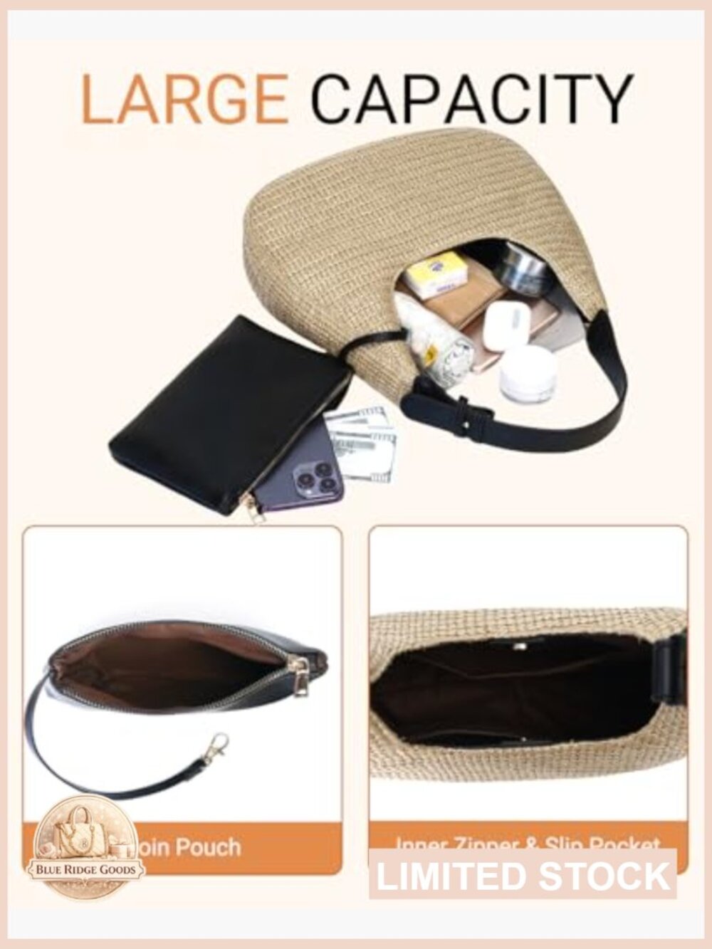 Hobo Crescent Straw Handbag Summer Beach Tote Satchel Adjustable Strap - Picture 6 of 7